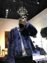 Arlenesain custom women short grey blue v-neck mink fur coat.