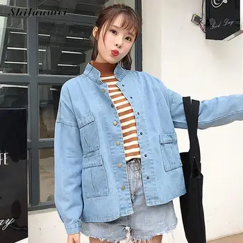

Autumn Denim Jacket Denim 2019 Women Loose Jean Jacket Fashion Blue Denim Coats Women Female Long Sleeve Pocket Button Outwear