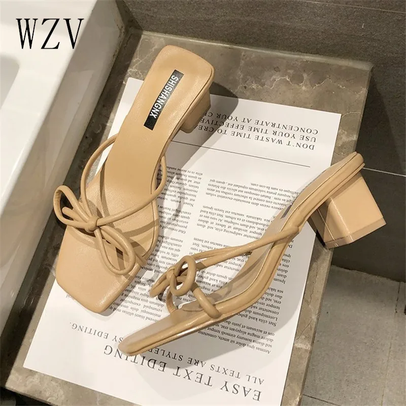 

Fashion Party Slippers Women Buckle Chunky Heel Ladies Slides Female Sandals for Shoes Woman Summer Square Heel Shoes F178