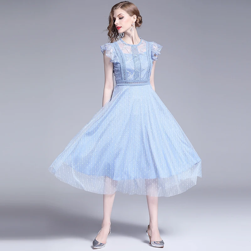 

HAMALIEL New Arrival Women Ball Gown Dress High Quality Summer Sky Blue Lace Patchwork Mesh Party Sexy Hollow Out Dot Midi Dress