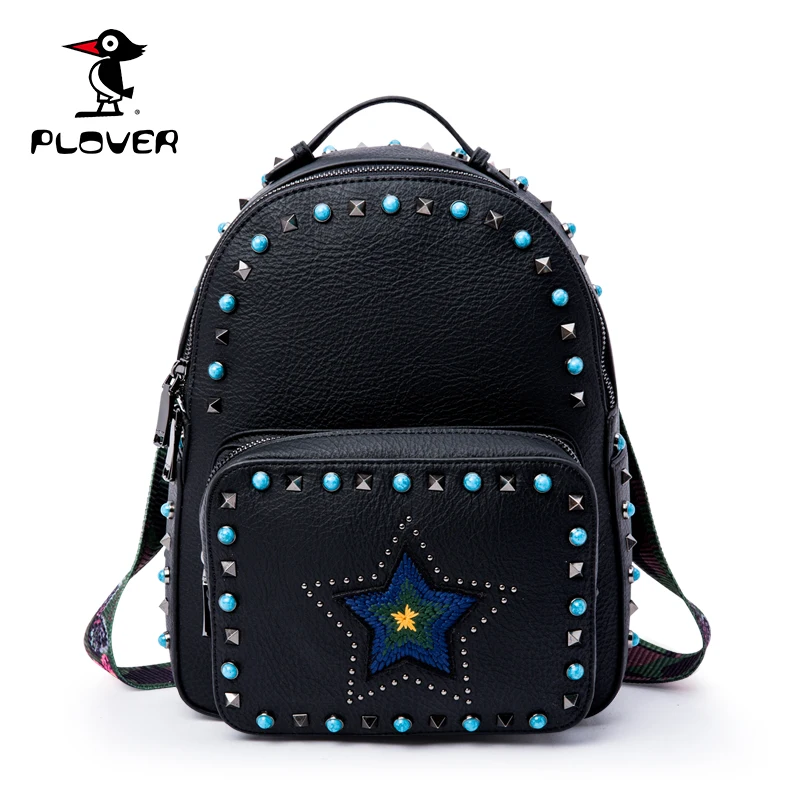 PLOVER Women Backpack Leather Rivet Laptop Backpacks Women Dayback Embroidery Designer Female ...