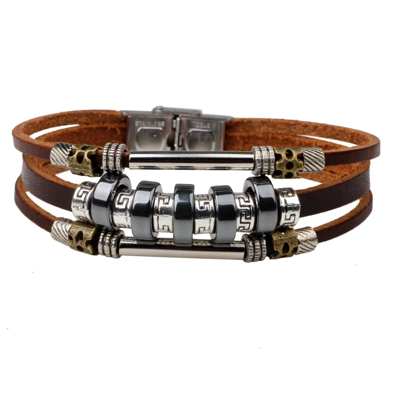 

Hand Made Amerind Knitted Leather Vintage Punk Men Charm Bracelets Bangles