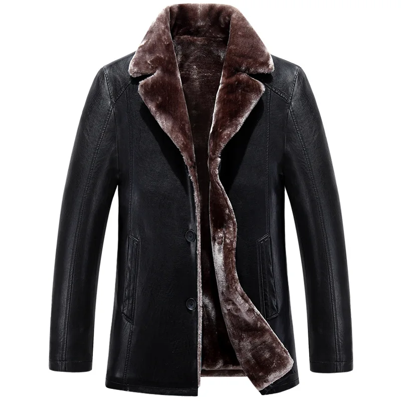 

2018 PU Leather Men Casual Winter Middle-Length Solid Color Warm Thick Turn Down Collar Fur Coat Outerwear Parkas Male MZ2062