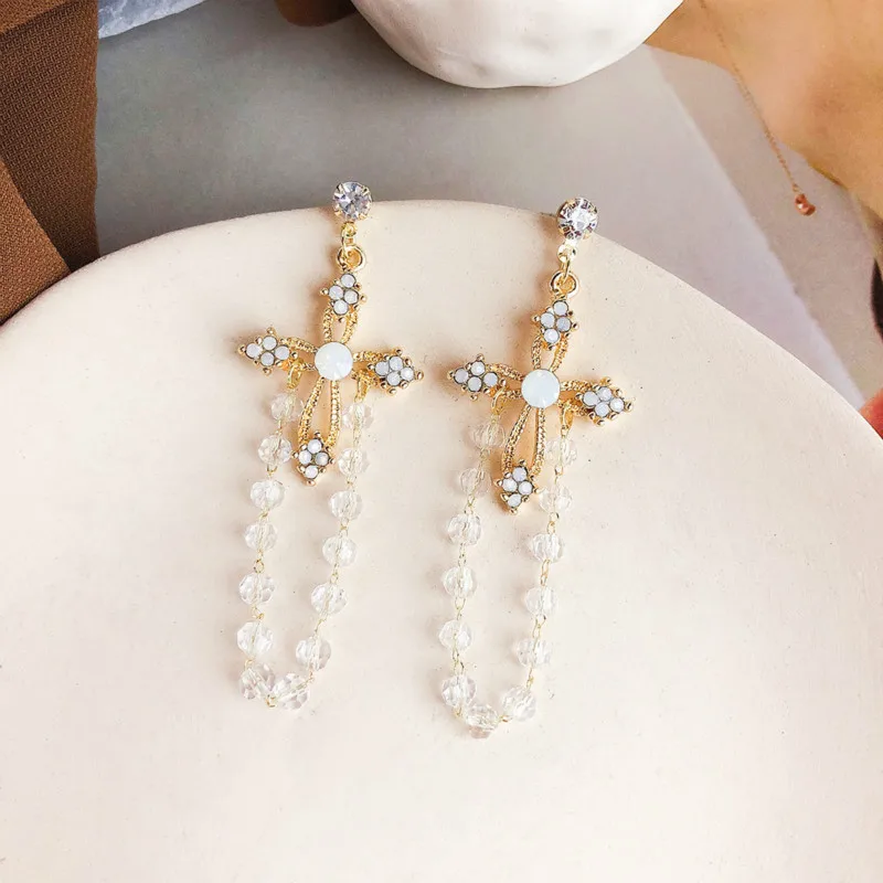 

2019 New Arrival Crystal Trendy Water Drop Women Dangle Earrings Palace Wind Cross Earrings Korean For Female Long Jewelry