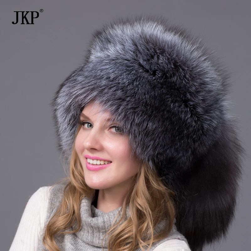 

JKP real fox fur autumn and winter women's natural fox fur oversized tail cap Russian style fashion hat bomber women's HJL-03