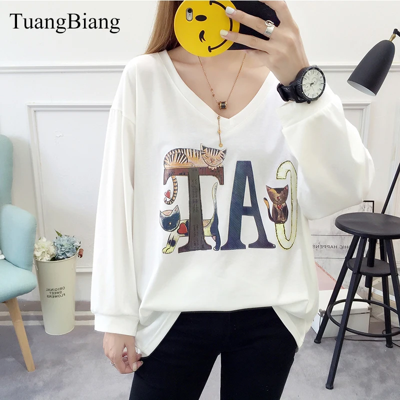 

Creative Cartoon Letter Print Women T shirts Cotton V-Neck Ladies Tee-shirts feminine Winter Autumn high quality Large size Tops