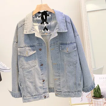 

2018 Women Spring Autumn Fashion Lace Up Denim Jackets Casual Loose Washed Light Blue Basic Coats Pockets Buttons Jeans Jackets