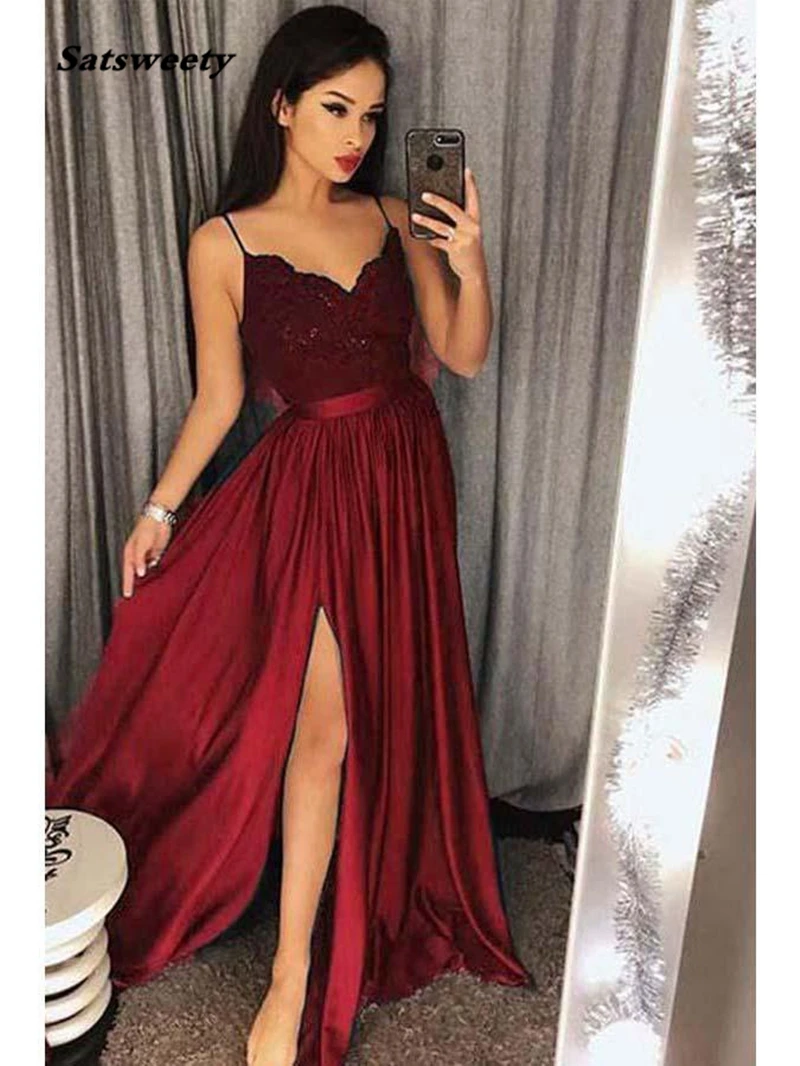 

Bridesmaid Dresses Long Spaghetti Strap Lace Satin Elegant Formal Party Gowns Sexy Side Split Prom Gowns Robe De Soiree