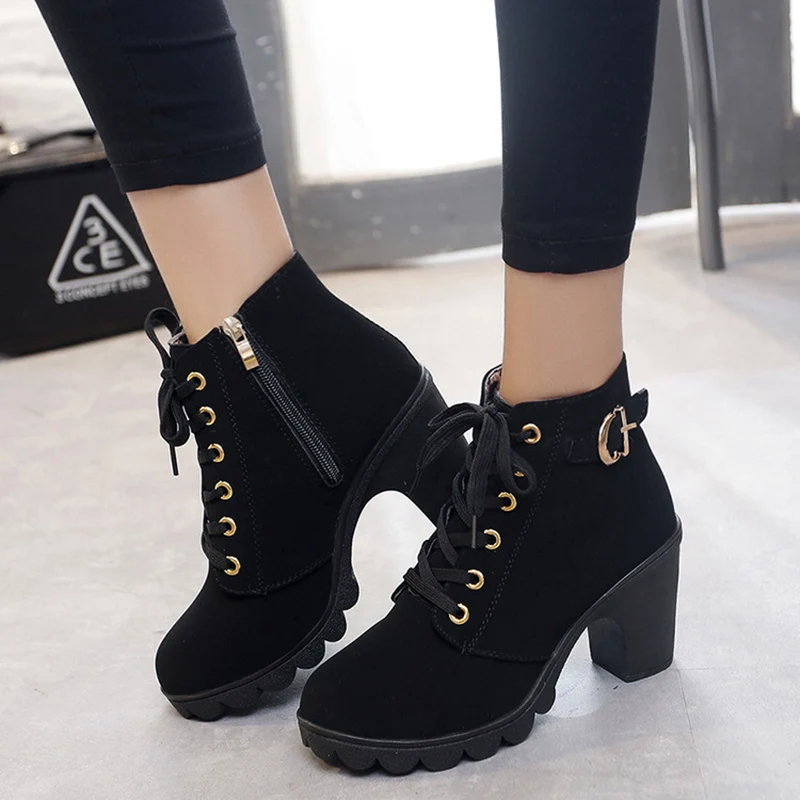 

Thick With Ankle Boots Boots Female Explosion Models With Round Head Women Boots Frosted Material High Heel Short Boots