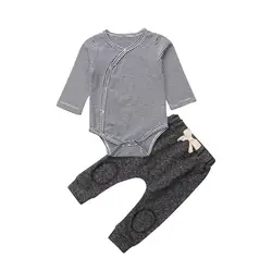 Новорожденных комплекты одежды для малышей осень для маленьких мальчиков и девочек боди в полоску + брюки 2 шт. комплект одежды милые