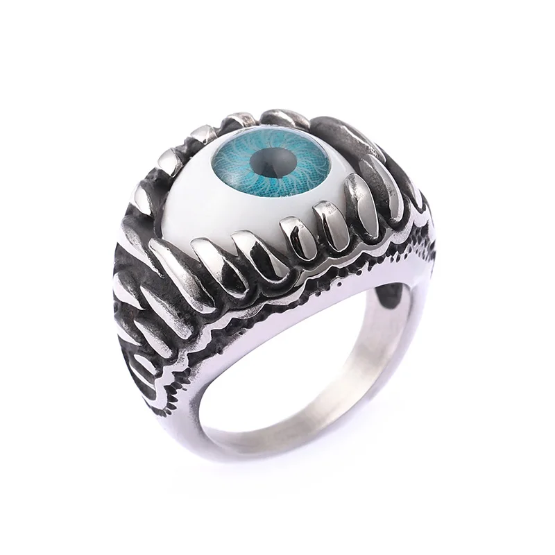 

New Biker Ring Blue Amulet Silver Tone Stainless Steel Turkish Eye Rock Punk Men Jewelry Gift Illuminati Ring Trendy Accessories