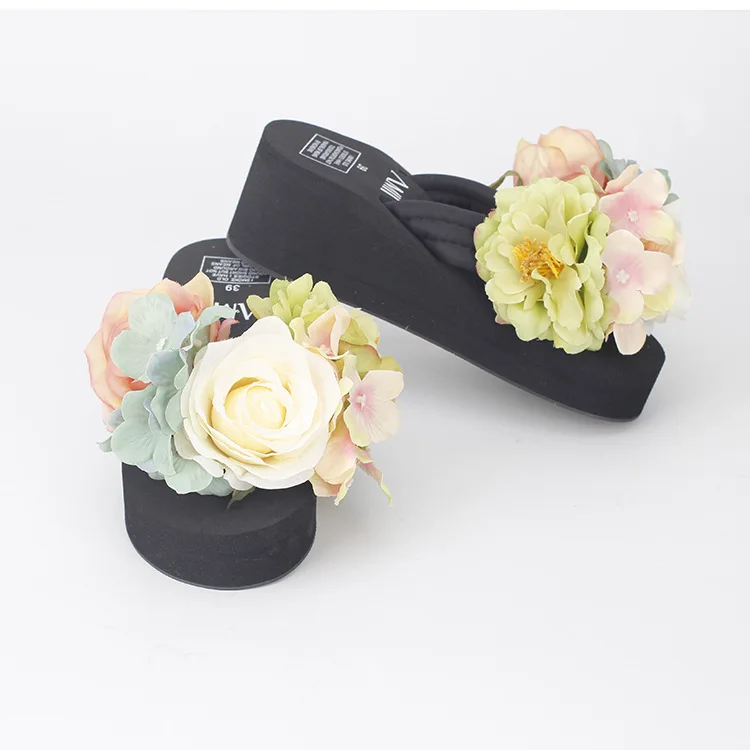 Для женщин Летние сланцы причина шлёпанцы для красивые цветы женские на высоком каблуке дешевые пляжная обувь на платформе интернет