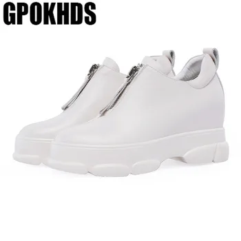 

GPOKHDS 2019 women fashion sneakers cow leather white color autumn spring Vulcanize Shoes casual increasing wedges sneakers