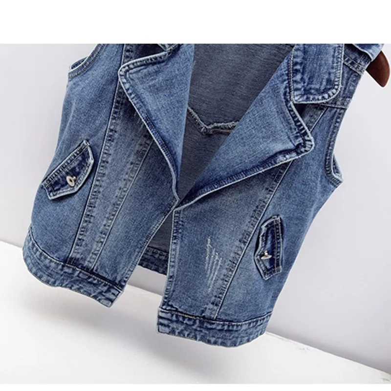 Весенне-осенняя женская короткая джинсовая жилетка, куртка, корейский Костюм, воротник, без рукавов, джинсовая куртка, большой размер, Повседневная джинсовая жилетка 4XL