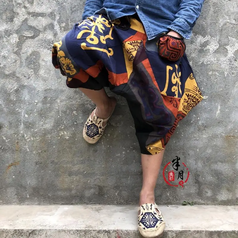 

New Cotton Linen Thailand Shorts Bloomers Men Loose Linen Harem Shorts Nepal Hip Hop Wide Leg Vintage Street Shorts Summer