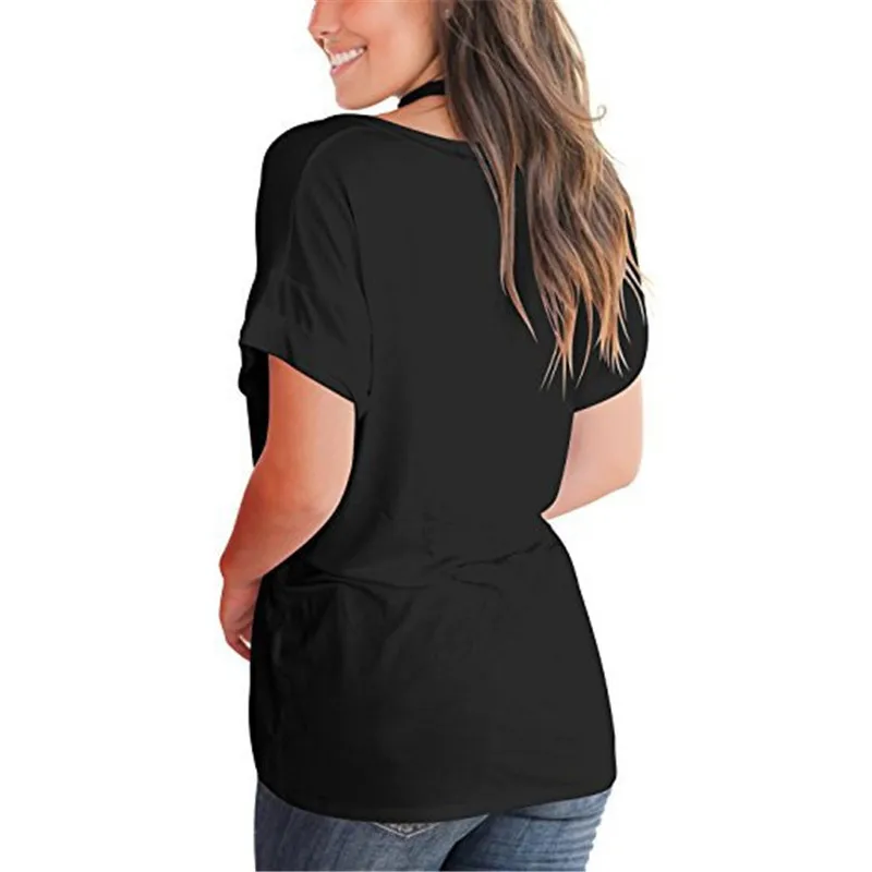 Летняя футболка женская однотонный базовый топ с короткими рукавами и v-образным вырезом Женские топы Повседневная Свободная хлопковая Футболка с карманами