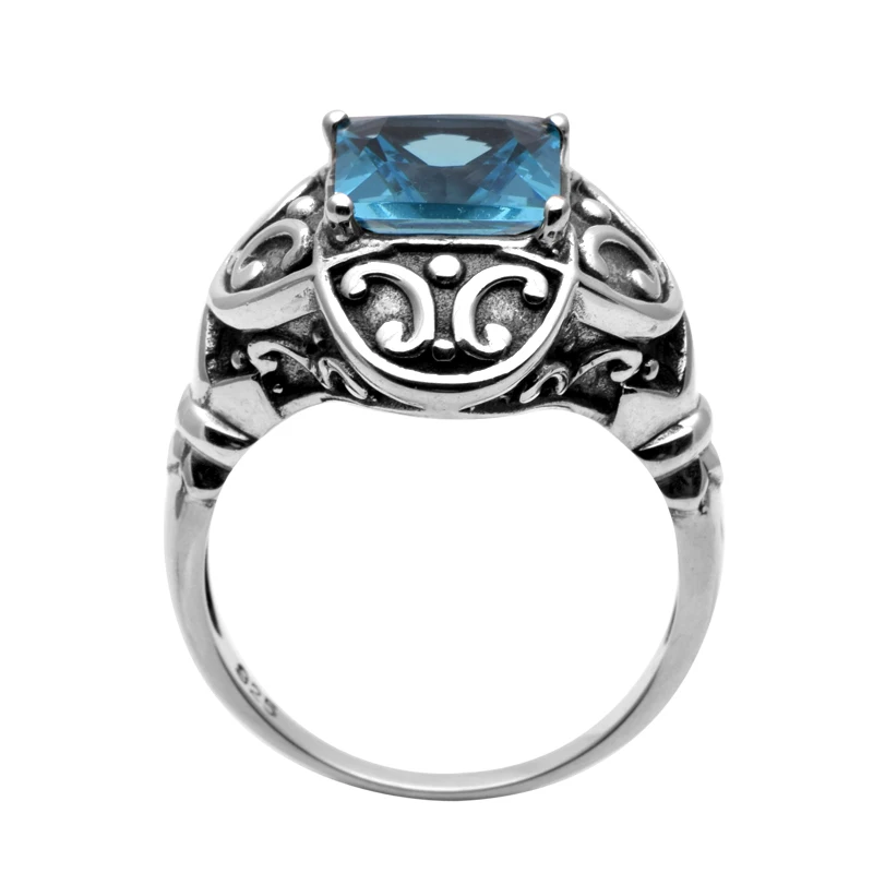Szjinao Factory Wholesale 925 Sterling Silver Jewelry BlueAquamarine Ring Retro Square Rings for Women Wedding Band