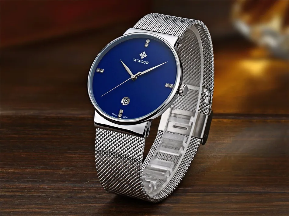 Известный бренд WWOOR часы мужские из нержавеющей стали с сетчатым ремешком Модные кварцевые часы ультра тонкий синий циферблат часы Relogio Masculino