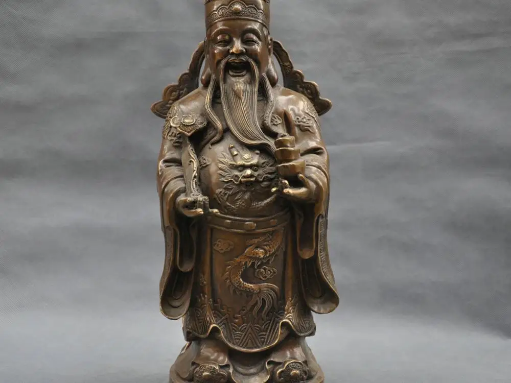 

13'' China God Of Wealth Laugh Mammon Dragon Hold Ruyi Bronze Statue