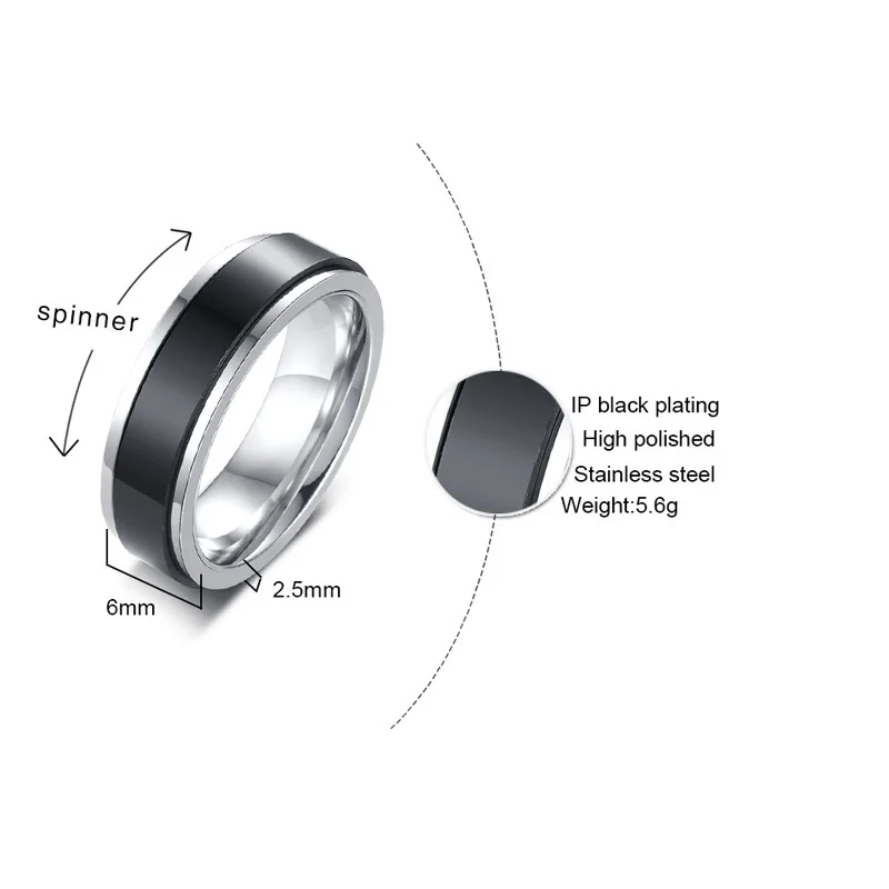 Пара ювелирных изделий обручальное кольцо Спиннер черный цвет нержавеющая сталь металл