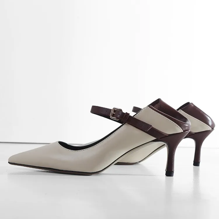 

GPOKHDS 2019 women Pumps soft Cow leather Mary Janes autumn spring buckle strap pointed toe thin heel high heels pumps