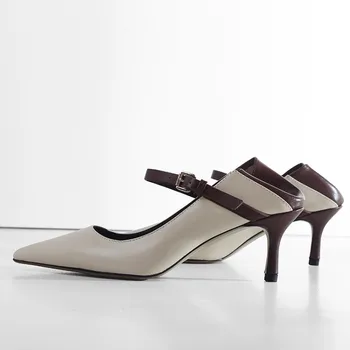 

GPOKHDS 2019 women Pumps soft Cow leather Mary Janes autumn spring buckle strap pointed toe thin heel high heels pumps