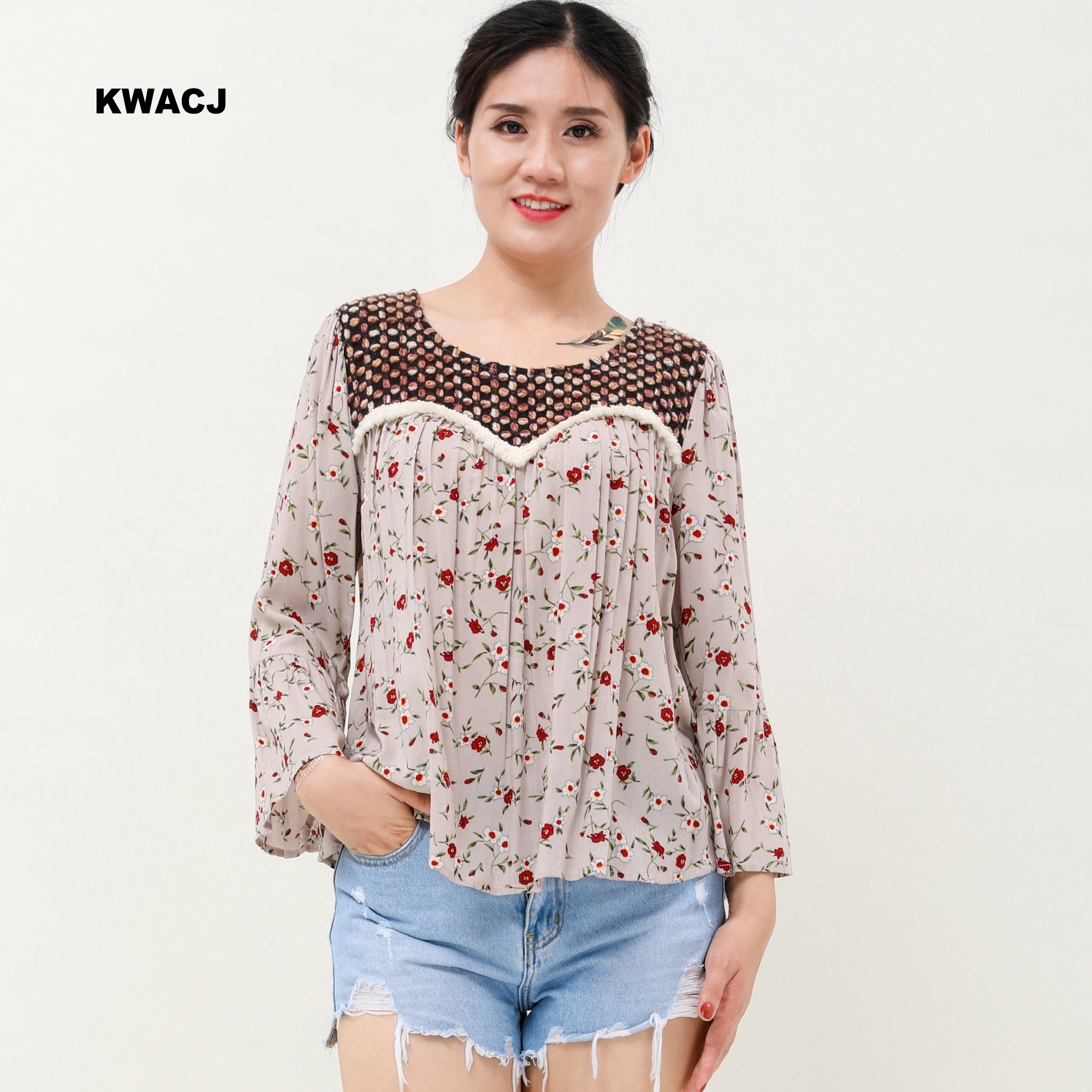 

KWACJ Multicolour Floral Print Women Blouse Embroidery O-Neck Trim Ruffle 3color Elegant Ladies Top 2019 Spring Summer New Shirt