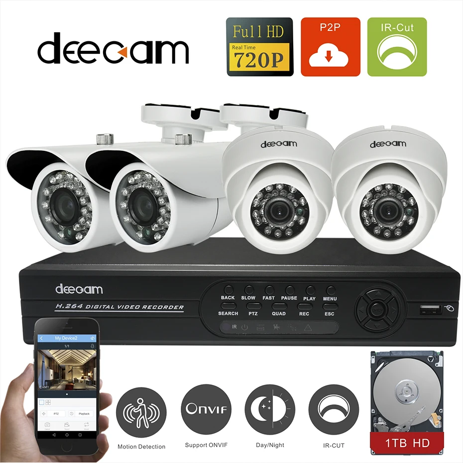 Deecam 4ch CCTV System DVR Recorder Night Vision Dome Camera Surveillance Home Security Camera System 720P Camaras With 1T HDD