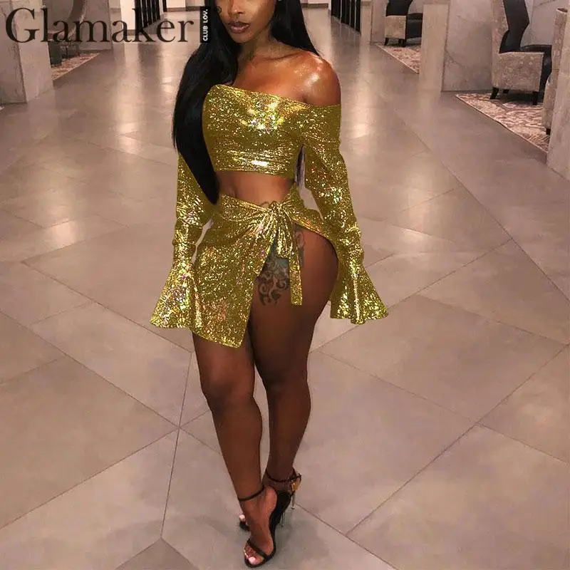 

Glamaker Vintage two piece suit party dress Glitter split up club sexy dress Off shoulder ruffle gold bodycon vestidos de fiesta