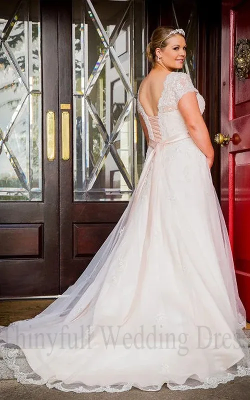 Новое поступление, элегантные свадебные платья размера плюс, сексуальные кружевные аппликации Формальные Свадебные платья с v-образным вырезом и коротким рукавом с открытой спиной для женщин