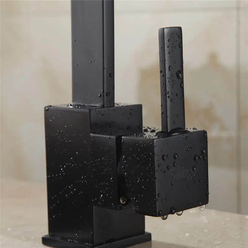 Black Square Kitchen Faucets 360 Degree Rotation Hot and Cold Water Kitchen Sink Faucet Deck Mounted Mixer Tap KD1287