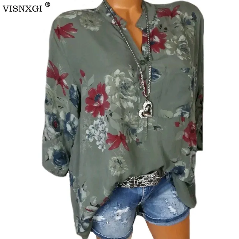 

VISNXGI Women Fashion Elegant Office Shirt Female Floral Print Long Sleeve Blouse V Neck Shirt Ladies Party Top Blusas Plus Size