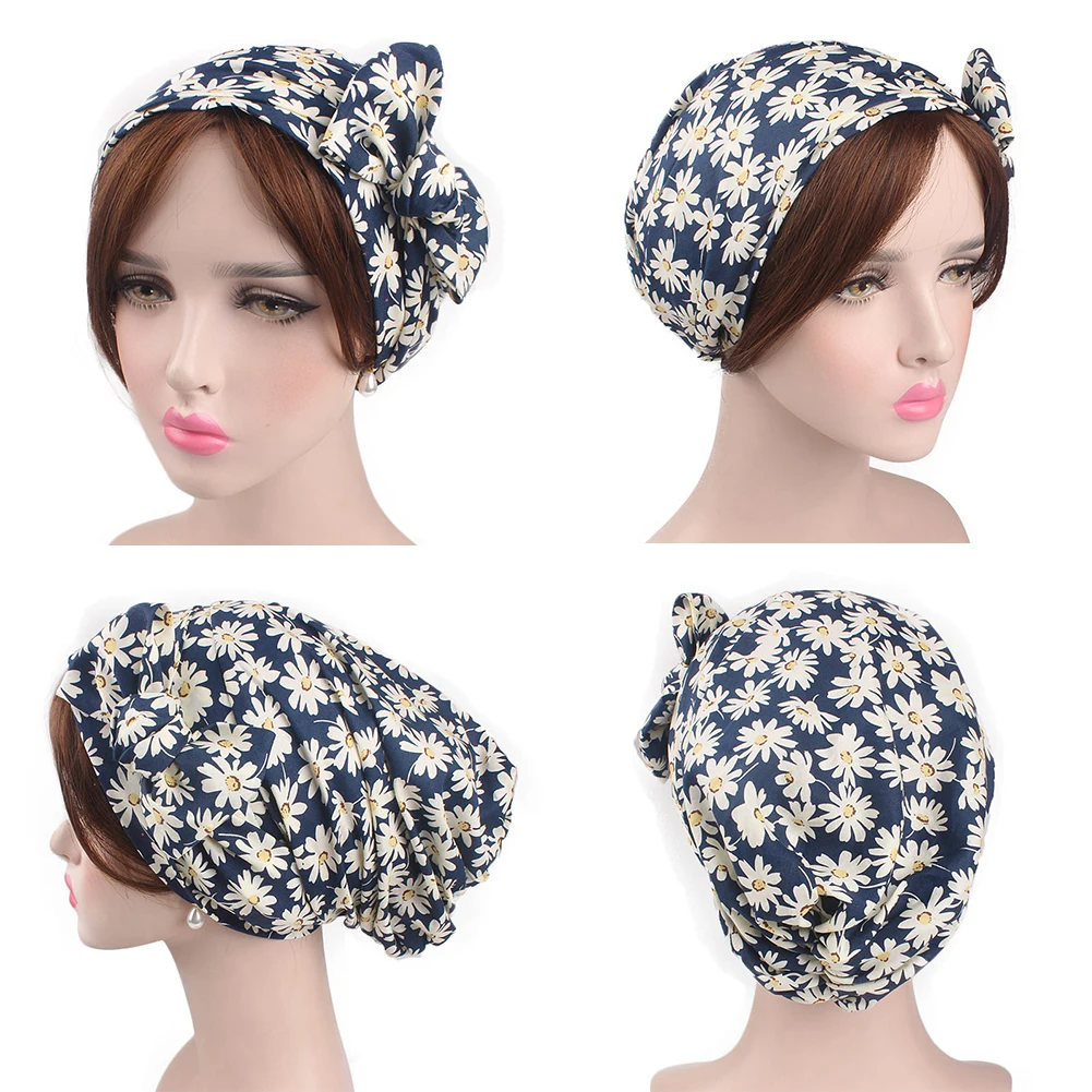 Muslim Hijab Turban Headscarf Hat Cotton Print Long Streamer Hair Tie Chemo Cap