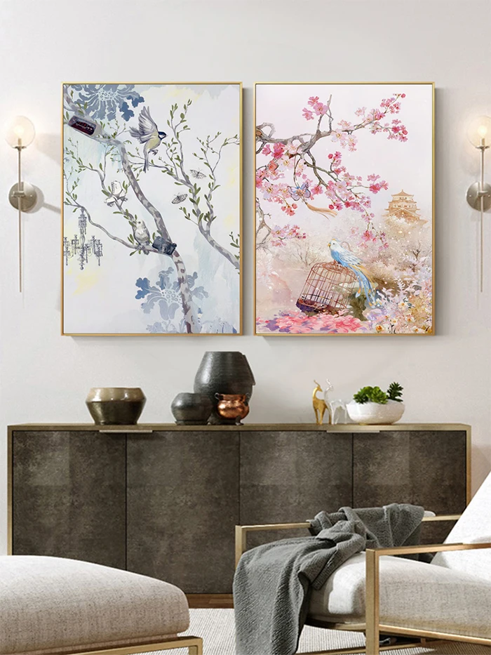 Художественная зона современный цветок и птица китайская живопись на холсте Стиль 3D печать настенный арт-плакат гостиная декоративная картина для спальни