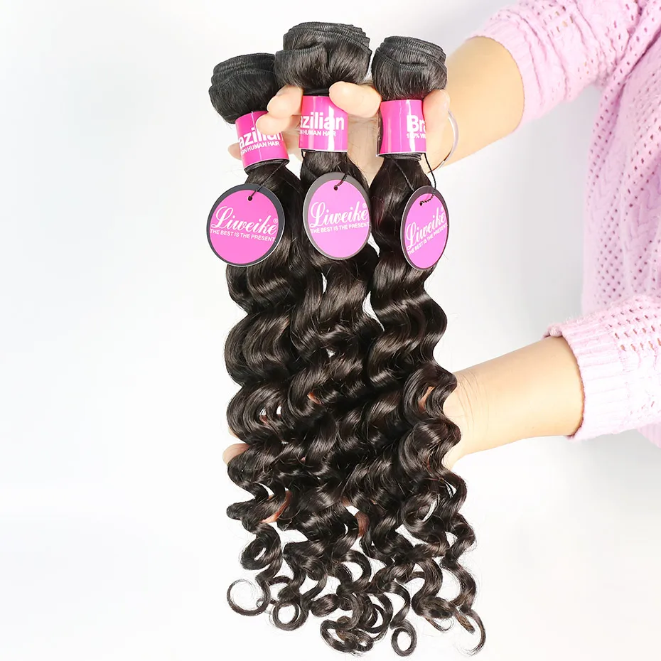Liweike глубокая волна 3 пряди с 13*4 дюймовым кружевным фронтальным Remy 100%