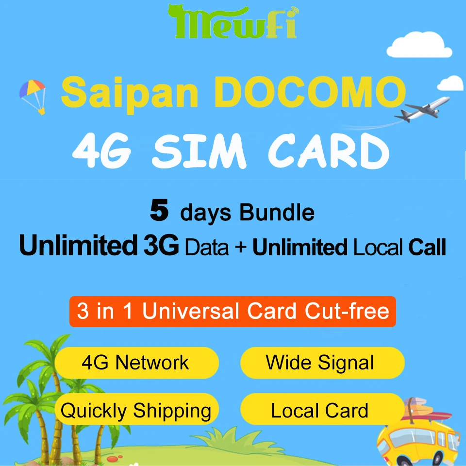 

Mewfi Saipan Guam Rota Tinian Travel Sim Card 5 Days Unlimited 3G Date Unlimited Local Call Docomo Network Mobile Phone Sim Card