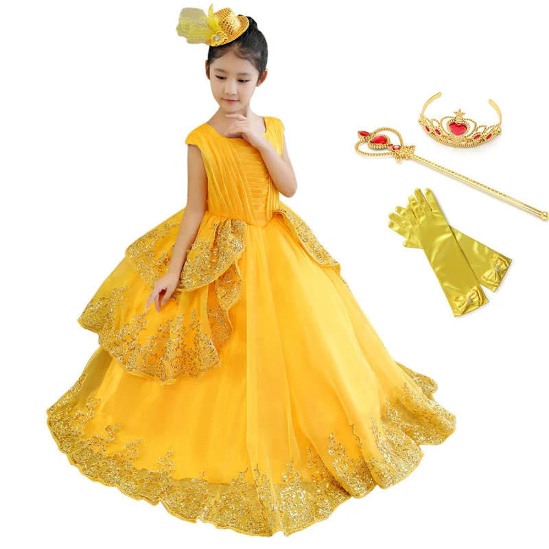 Платье принцессы Белль для девочек; Детский карнавальный костюм Bueauty and The Beast; вечерние Многослойные желтые платья без рукавов на Хэллоуин, день рождения - Цвет: Dress Sets01