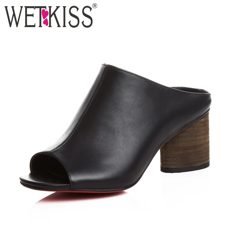 

WETKISS Brand Genuine Leather Mules Fashion Summer Shoes Leisure Sewing Thick High Heels Shoes Sexy Open toe Woman Slippers