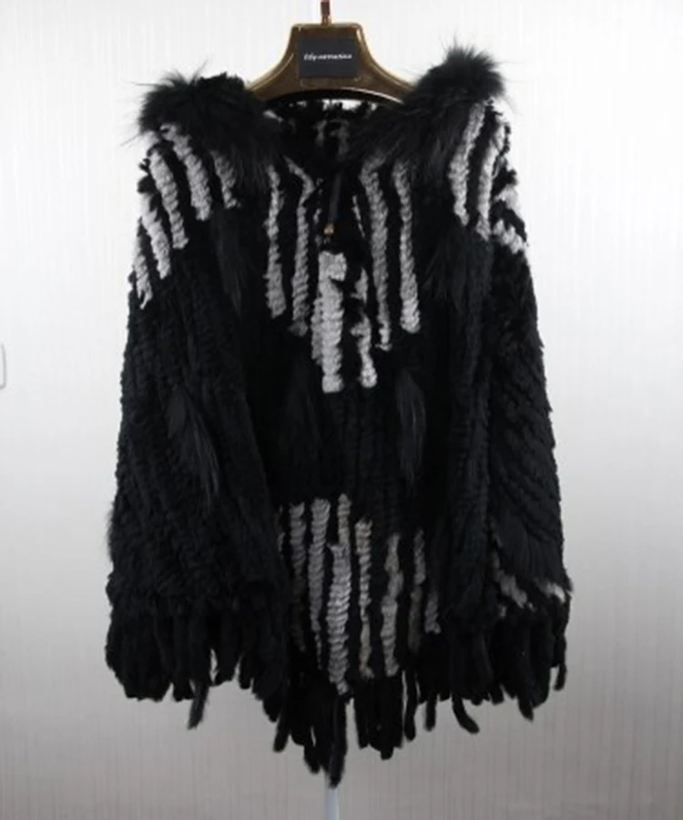 Clearance 2014  Real Rabbit Fur Knitted Shawl With Hood  Raccoon Fur Poncho Fur Cape  BE1438 EMS Free Shipping 4