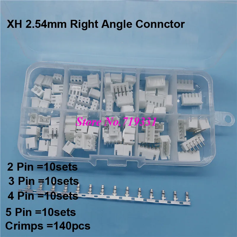 

50Set in Box XH 2.54mm 2/3/4/5p Male & Female Plug Right Angle Connector with Crimps