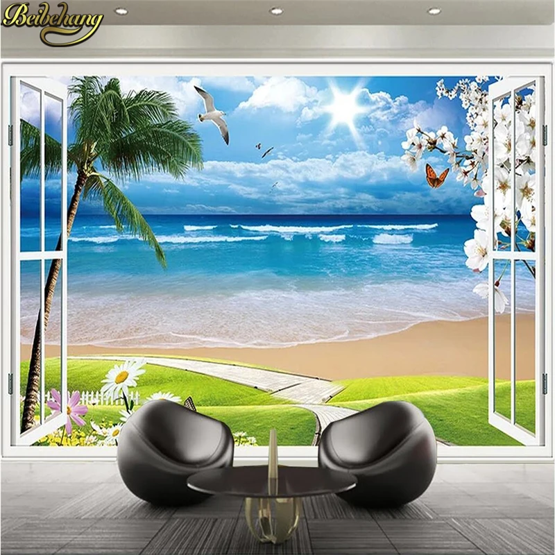 

beibehang Seaside scenery outside window Custom 3D Mural Bedding Room TV Sofa Wall paper Backdrop Mural Decor Photo Wallpaper