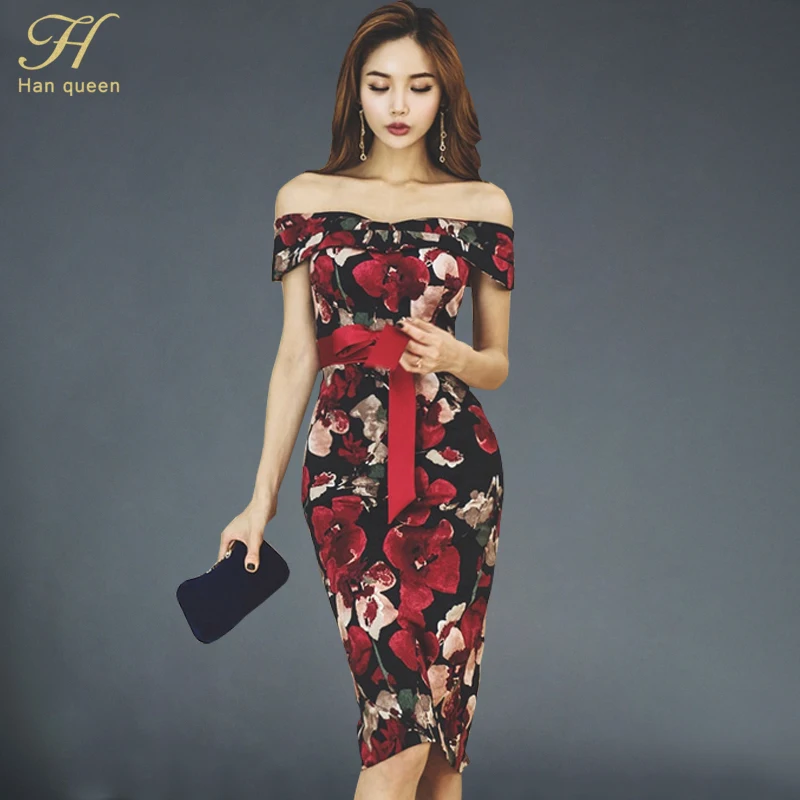 

H Han Queen 2018 Spring Women Elegant Bow Printed Retro Bodycon Dresses Sexy Slash Neck Work Office Party Sheath Pencil Dress