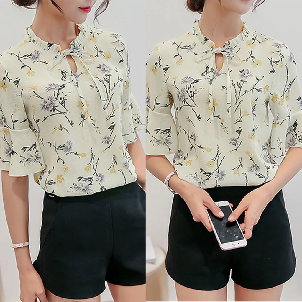 Women Blouse 2019 Women Summer Work Office Flare Sleeve Bow Tie Floral Print Chiffon Tee Shirt Top