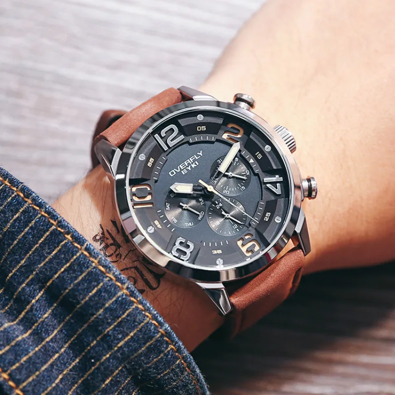 

EYKI Multi-function Men's Temperament Luxury Calendar 24 Hours Three Eyes Black Belt Watch 3068 Gifts for Men relogio masculino