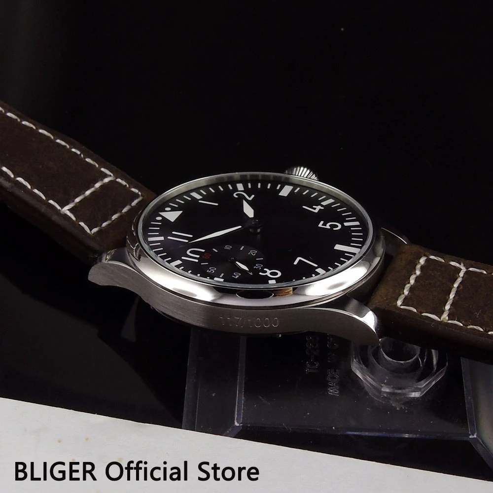 Повседневный 44 мм черный стерильный циферблат полированный чехол механический 17 Jewels 6497 ручной обмотки Мужские наручные часы пилот PA1-B