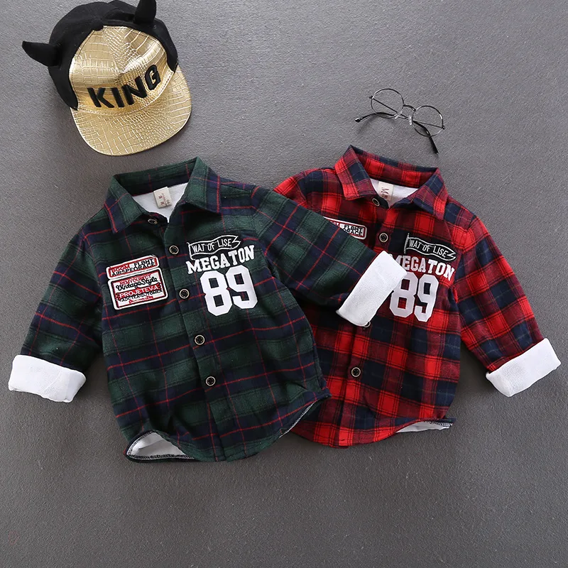 8 Baby Boy Shirts Plaid Party Letters Shirts Girls Blouse Kids Long Sleeve Tops Outwear Cotton Designer Stylish Children Clothing