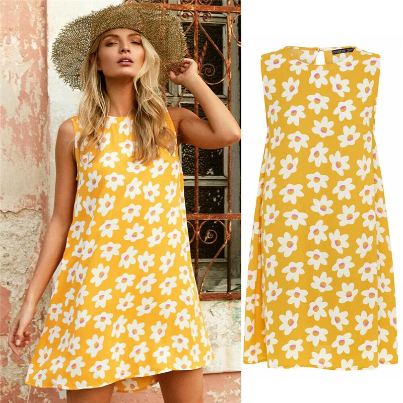 

New Dress For Women 2019 Floral Summer Sleeveless Dress Casual Straight Lady Beach Dress Female Party Mini Dress