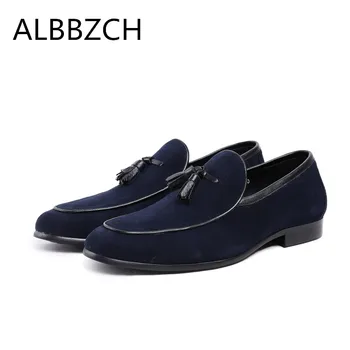 

New brand designer nubuck leather men shoes casual fashion tassel pointed toe slip on men's wedding dress shoes work party shoes
