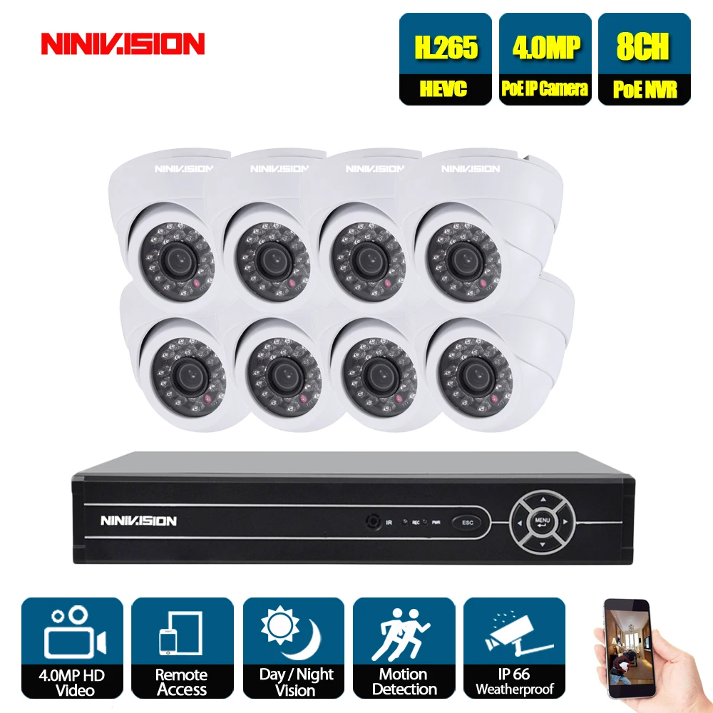 NINIVISION 8CH сетевая PoE Система видеонаблюдения 8 шт 4.0MP открытый Крытый Белый Купол IP