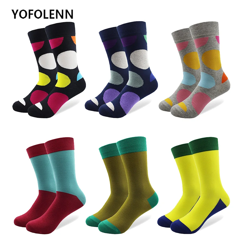 6 pair/lot Big Big Dots Pattern & Solid Color Men's Socks Novelty Long